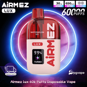 Airmez Lux engångsvape i rosa med smak av vattenmelon, med 60k puffar, 30 ml kapacitet, 650 mAh batteri och dubbel mesh spole.