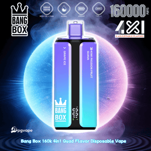 Bang Box 160K 4in1 quad-flavor engångsvape med lila-krickfärgad gradient och smaker Grape Ice och Kiwi Passion Fruit Guava.