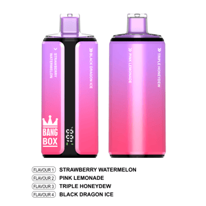 Two gradient pink‑to‑purple Bang Box vape devices with flavor labels Strawberry Watermelon, Black Dragon Ice, Pink Lemonade, and Triple Honeydew.
