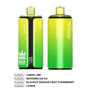 Two lime-green gradient vape pods with yellow tops; the left one shows Bang Box branding and Lemon Lime flavor, the right one shows Watermelon Ice and Black Ice Dragon Fruit Strawberry flavors.