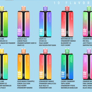 Ten Bang Box flavor bottles with gradient colors arranged in two rows on a blue background, each labeled with a fruit flavor.