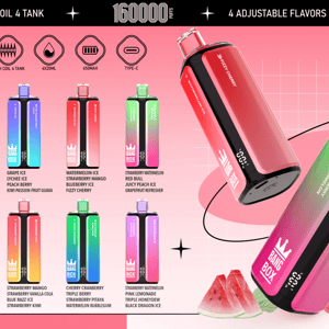 Bright pink Bang Box promo with a grid of colorful disposable vape flavors and a large gradient vape on the right.