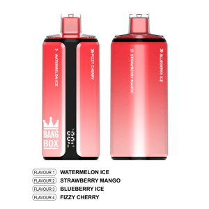 Two pink Bang Box vapes side by side; left Watermelon Ice and Fizzy Cherry, right Strawberry Mango and Blueberry Ice