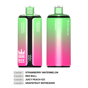 Two gradient pink-to-green vape devices with Bang Box branding.