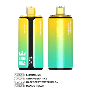 Two Bang Box vapes with a yellow-to-teal gradient; left shows Lemon Lime and Mango Peach, right Strawberry Ice and Raspberry Watermelon.