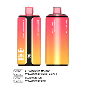Two gradient disposable vapes with flavors Strawberry Mango, Strawberry Kiwi, Strawberry Vanilla Cola, and Blue Razz Ice
