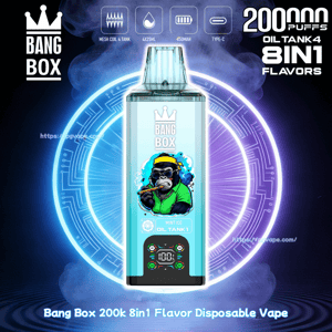 Blue Bang Box engångsvape med mint-isoljetank, mot neoncirkulär bakgrund och 200 000 puffar 8in1-smaker