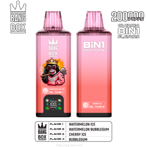 2 台のピンクの Bang Box vape デバイス; 左はクラウン モンキーとウォーターメロン アイス、右はチェリー アイス付き 8IN1 200K パフを示しています。.