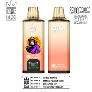 桃からピンクのグラデーションの 2 つの VAPE タンク; 左は Bang Box のロゴとスモーキング モンキー (トリプル マンゴー)、右は 8IN1 200K パフとパイナップル アイスを示しています。.
