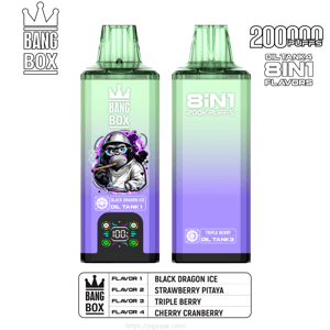 緑から紫のグラデーションの Bang Box vape ポッド; 左はブラック ドラゴン アイスの葉巻を吸っている漫画の猿を示し、右は 8IN1 と 200K パフを備えています