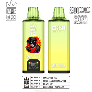 2 つの緑色の Bang Box vape ポッド; の左側にはパイナップル アイスを添えた喫煙ゴリラが描かれており、右側には 8IN1 ピーチ アイスのラベルが付いています。.