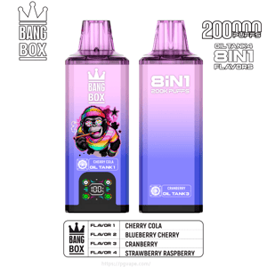 2 つの紫色の Bang Box ベイプ デバイス; 左は虹をまとったゴリラが付いたチェリー コーラを特徴とし、右はクランベリー フレーバーを示しています。.