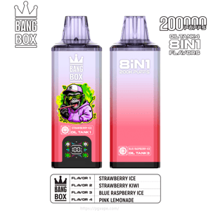 紫色のトップとピンクのグラデーションボディを備えた 2 つの Bang Box vape ポッド; 左は漫画の図を示し、右は 8IN1 200K PUFFS と表示されます。.