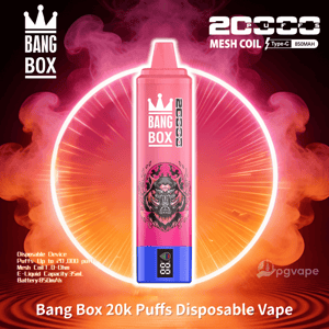 Pink Bang Box 20k Puffs engångsvape med konstverk från demonhuvuden på en blå bas, mot en neonringbakgrund.