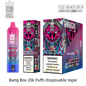 Bang Box 20k Puffs disposable vape with pink gradient device and neon demon artwork on packaging, flavor Blueberry Sour Raspberry Ice.