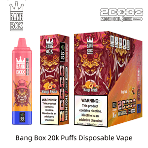 Mango Peach Bang Box disposable vape set with a pink gradient bottle and dragon-themed boxes labeled 20k puffs