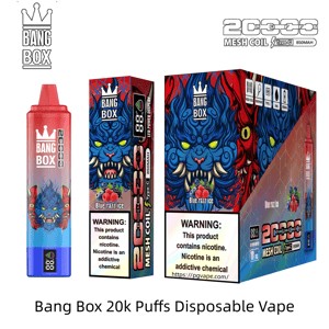 Bang Box 20k Puffs disposable vape with blue fierce monster artwork, blue razz ice flavor, and nicotine warning