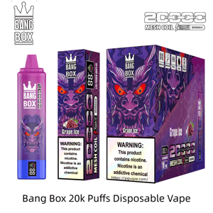 Purple Bang Box 20k Puffs disposable vape with grape ice flavor, shown with purple dragon-themed packaging.