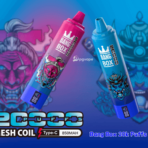 Two Bang Box disposable vape devices with graffiti artwork in pink and blue, set against a blue gradient background.