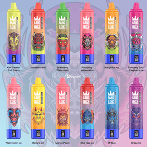 Two rows of colorful Bang Box disposable vape pens arranged in a grid, each with a bright colored body and a flavor label.