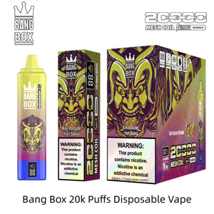 Bang Box 20k Puffs disposable vape with neon green bottle and two boxes featuring a bold tribal mask design.