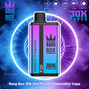 Lila gradient Bang Box 30K Puffs engångsvape med kronlogotyp och svart munstycke; smaker Blue Razz Ice och Grape.