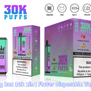 Vape jetable Bang Box 30K Puffs, finition dégradé violet, présentée avec un emballage violet et une gamme de saveurs de fruits.