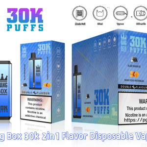 Vape jetable Bang Box 30K Puffs dégradé bleu avec logo couronne, affiché à côté d'un emballage bleu et d'un appareil Mango Peach Watermelon.
