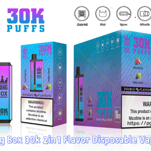 Vape jetable Bang Box 30K Puffs avec bouteille et emballage dégradé bleu, montrant les saveurs Blue Razz Ice et Double Grape.
