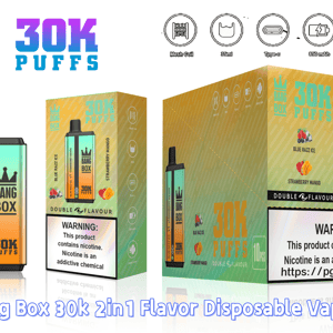 Vape jetable Bang Box 30K Puffs avec dégradé bleu sarcelle à orange et logo couronne, présenté dans un emballage en boîte coloré.