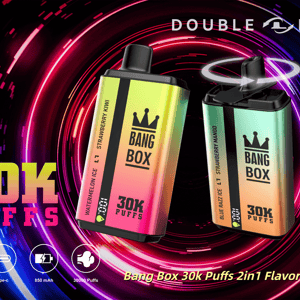 Deux vapes jetables Bang Box dégradées avec 30 000 bouffées flottent sur un fond tourbillonnant au néon, affichant la marque Bang Box et les icônes de fonctionnalité inférieure.