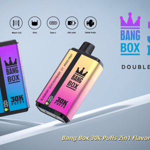 Deux vapes jetables Bang Box 30k Puffs dégradées aux finitions bleu-violet et rose-or, logo couronne, sur fond bleu.