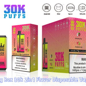 Vape jetable à saveur 2 en 1 Bang Box 30K Puffs dans un emballage dégradé rose à vert avec du kiwi pastèque.