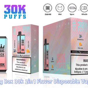 Vape jetable Bang Box 30K Puffs avec dispositif dégradé rose à bleu et emballage aux saveurs de glace à la myrtille et de jus de pêche.