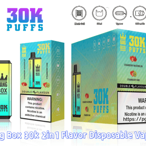 Vape jetable Bang Box 30K Puffs avec emballage bleu sarcelle dégradé aux saveurs fraise pastèque et fraise kiwi.