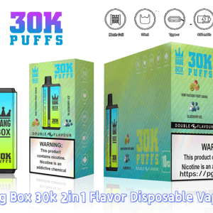 Vape jetable Bang Box 30K Puffs avec Kiwi Passion Fruit Goyave et Blueberry Ice; emballage dégradé vert avec logo couronne.