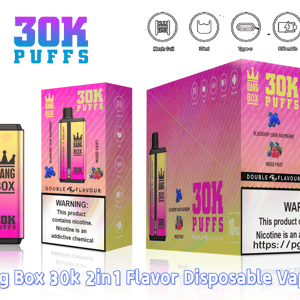 Vape jetable Bang Box 30K Puffs avec corps rose dégradé et embout noir, l'emballage présente la saveur de fruits mélangés myrtille aigre-framboise.