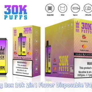 Vape jetable Bang Box 30K Puffs avec dispositif dégradé violet-jaune et saveurs en boîte Three Berry Ice et Strawberry Mango