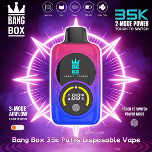Bang Box 35k Puffs engångsvape med rosa-blå gradient, cirkulär display och 2-läges kraft med 3-läges luftflöde.