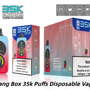 Vape jetable Bang Box 35K avec un corps dégradé bleu-rose, un embout noir et un emballage audacieux de 35K bouffées.