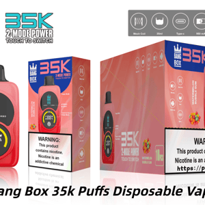 Vape jetable Pink Bang Box 35k Puffs au goût de bubble-gum pastèque, illustrée avec un emballage et des icônes d'interrupteur d'alimentation à 2 modes.