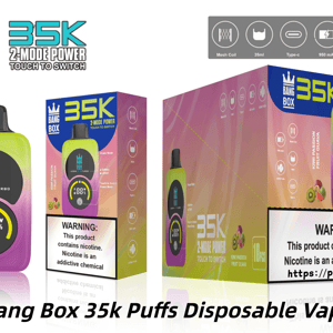 Vape jetable Bang Box 35k Puffs avec un dispositif dégradé vert fluo à violet et des boîtes d'emballage colorées.