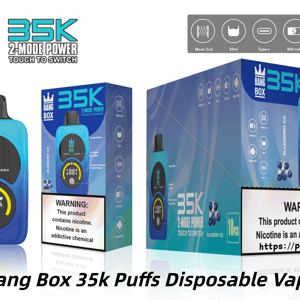 Vape jetable Blue Bang Box 35K avec interrupteur tactile, illustrée avec un emballage de glace à la myrtille bleue et un avertissement de nicotine.