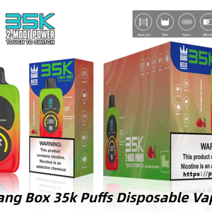Vape jetable Bang Box 35K en dégradé néon, présentée avec un emballage coloré et une étiquette d'avertissement.