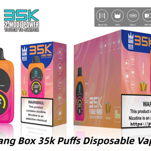 Vape jetable Bang Box 35K de couleur rose-orange avec embout et écran noirs, illustrée avec emballage et avertissement de nicotine.