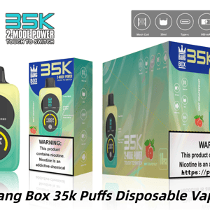 Vape jetable Bang Box 35K avec alimentation à 2 modes, interrupteur tactile, saveur menthe pamplemousse et étiquette d'avertissement de nicotine.