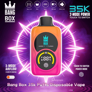 Bang Box 35k Puffs engångsvape med rosa-orange kropp, svart cirkulär display, blågrön logotyp och neon starburst-bakgrund.