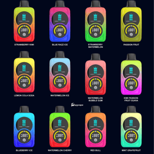 Grille quatre par quatre d'appareils de vape Bang Box colorés sur fond sombre, chacun avec des étiquettes de saveur telles que Strawberry Kiwi et Blue Razz Ice.