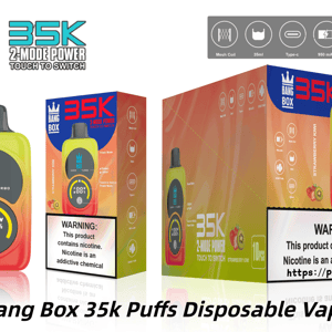 Vape jetable Bang Box 35k avec alimentation à 2 modes et interrupteur tactile, dispositif jaune fluo illustré à côté de l'emballage orange.