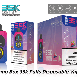 Vape jetable Bang Box 35k avec un dispositif dégradé rose à bleu et un emballage audacieux affichant le logo 35K.